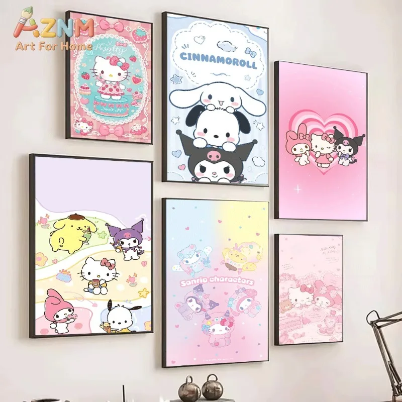 Hello Kitty Cinnamoroll Kuromi Canvas Poster Cute Sanrio Cartoon Print Unframed Canvas Art Strawberry Cake Pink Bow Sweet Kawaii