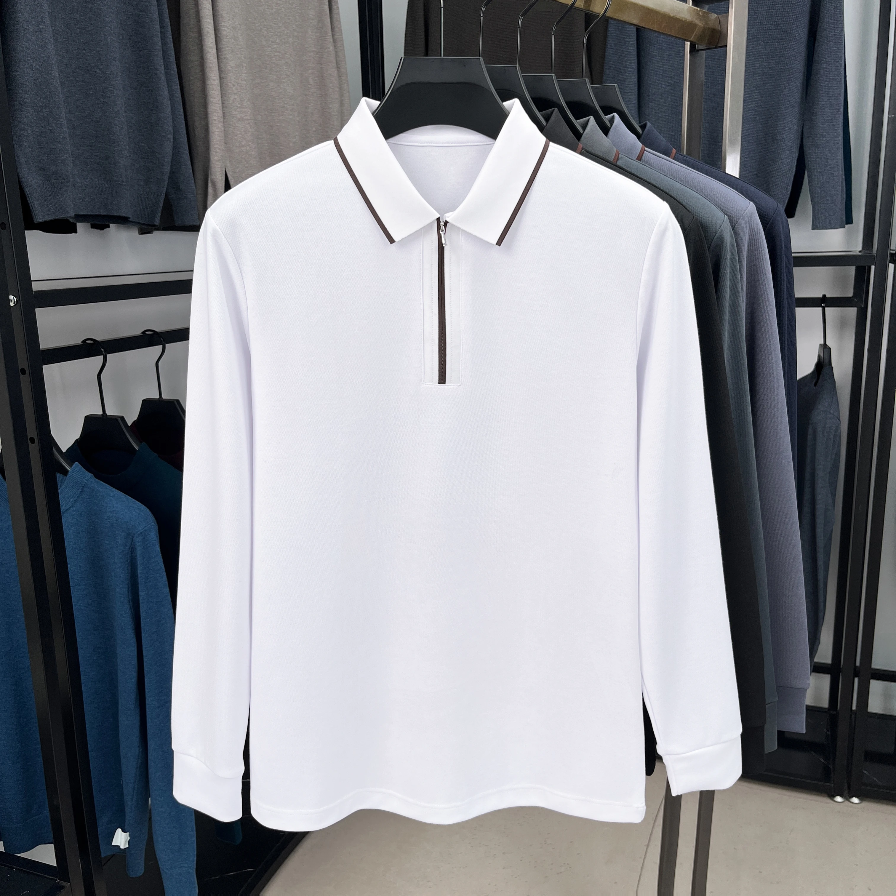 High quality fashion long sleeve men\'s polo shirt autumn half zipper striped high-end design golf top business casual T-shirt