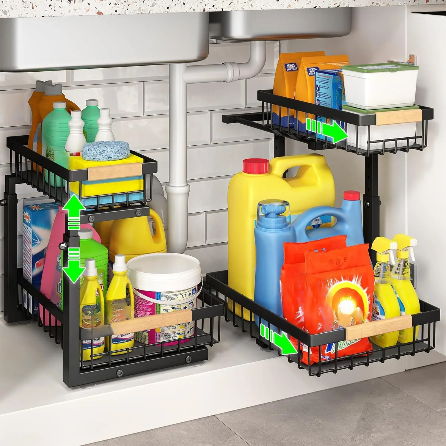 

2 Packs 2 Tier Under Sink Organizers and Storage, Slide out Pull out Cabinet Organizer Shelf, Metal Sliding Drawer