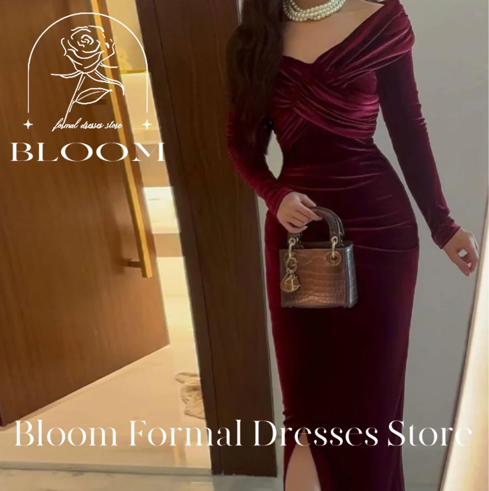 Bloom Customized V Neck Velvet Side Silt Zipper Back Solid Color Long Sleeves Ladies Gowns For Special Occasion High Quality