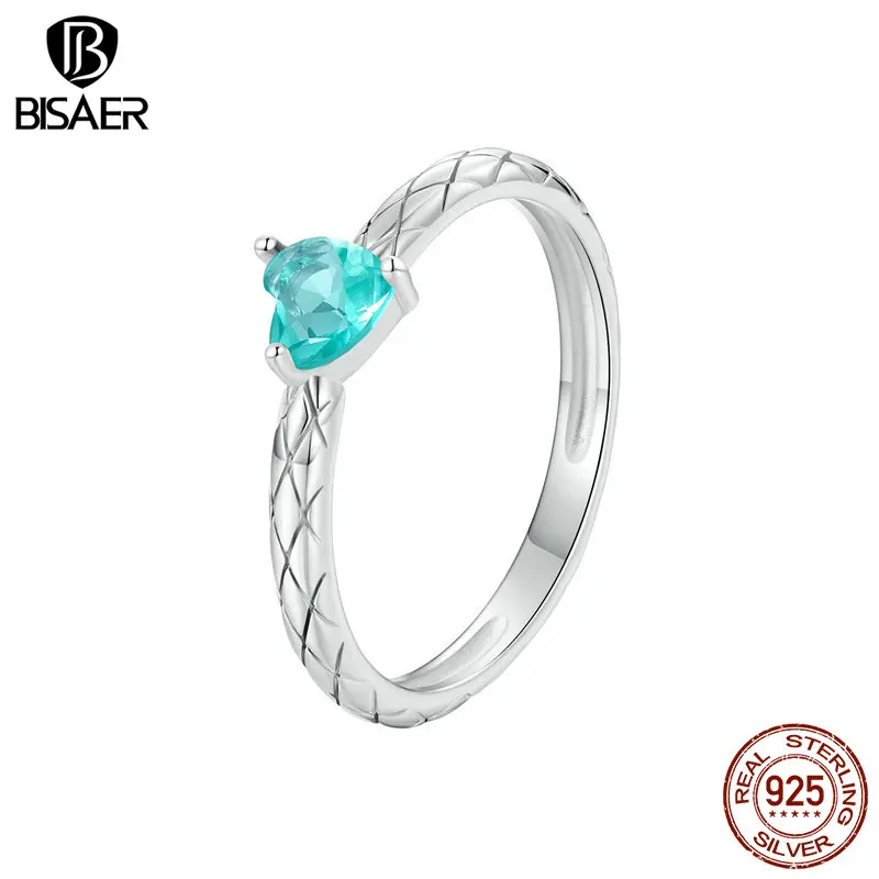 BISAER 100% 925 Sterling Silver Quilting Heart Ring Green Love Glass Plated White Gold for OL Woman Party Fine Jewelry EFR563