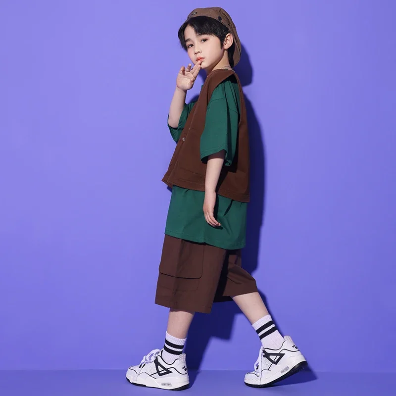 Completi da strada per ragazzi adolescenti Abbigliamento hip-hop per bambini Gilet marrone Maglietta Top Pantaloncini cargo per ragazze Abiti da ballo jazz