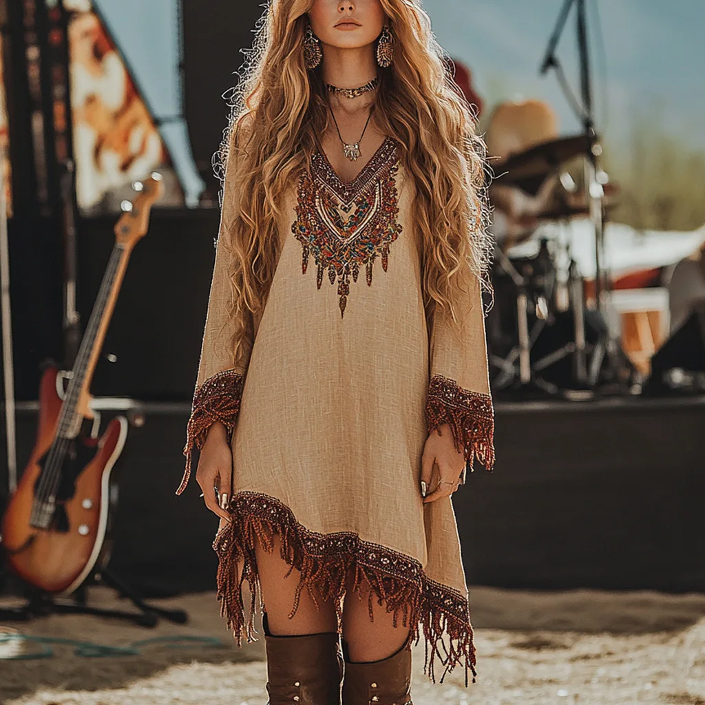 Boho Embroidered Tassel Dress V Neck Long Sleeve Asymmetric Hem Mini Dress with Multiple Colors for Festival and Casual