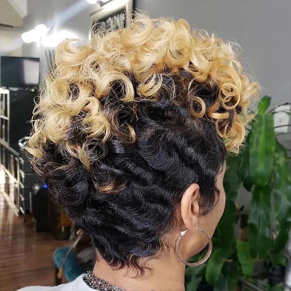 Peruka z krótkich, kręconych włosów naturalnych Pixie Curly, wykonana maszynowo, dla kobiet, krótka, kolor 1B27, na imprezy i na co dzień, peruka codzienna.