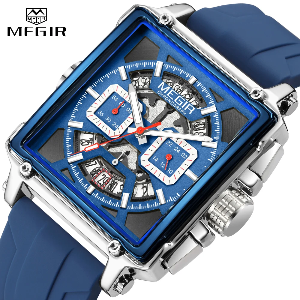 Megir-relógio de pulso masculino com pulseira de silicone, quadrado, quartzo, cronógrafo, impermeável, militar, luxo, marca superior, novo