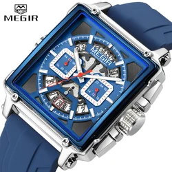 MEGIR Top Brand New Men's Wristwatch Silicone Strap Luxury Square Sport Quartz Chronograph Waterproof Military Watch Male Clock