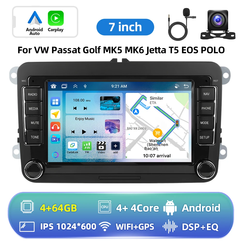 Podofo 6+128G Android 2Din autoradio met Carplay, Android Auto, GPS, FM-ontvanger, AI-stem, DSP voor VW, Seat, Skoda, PASSAT, GOLF