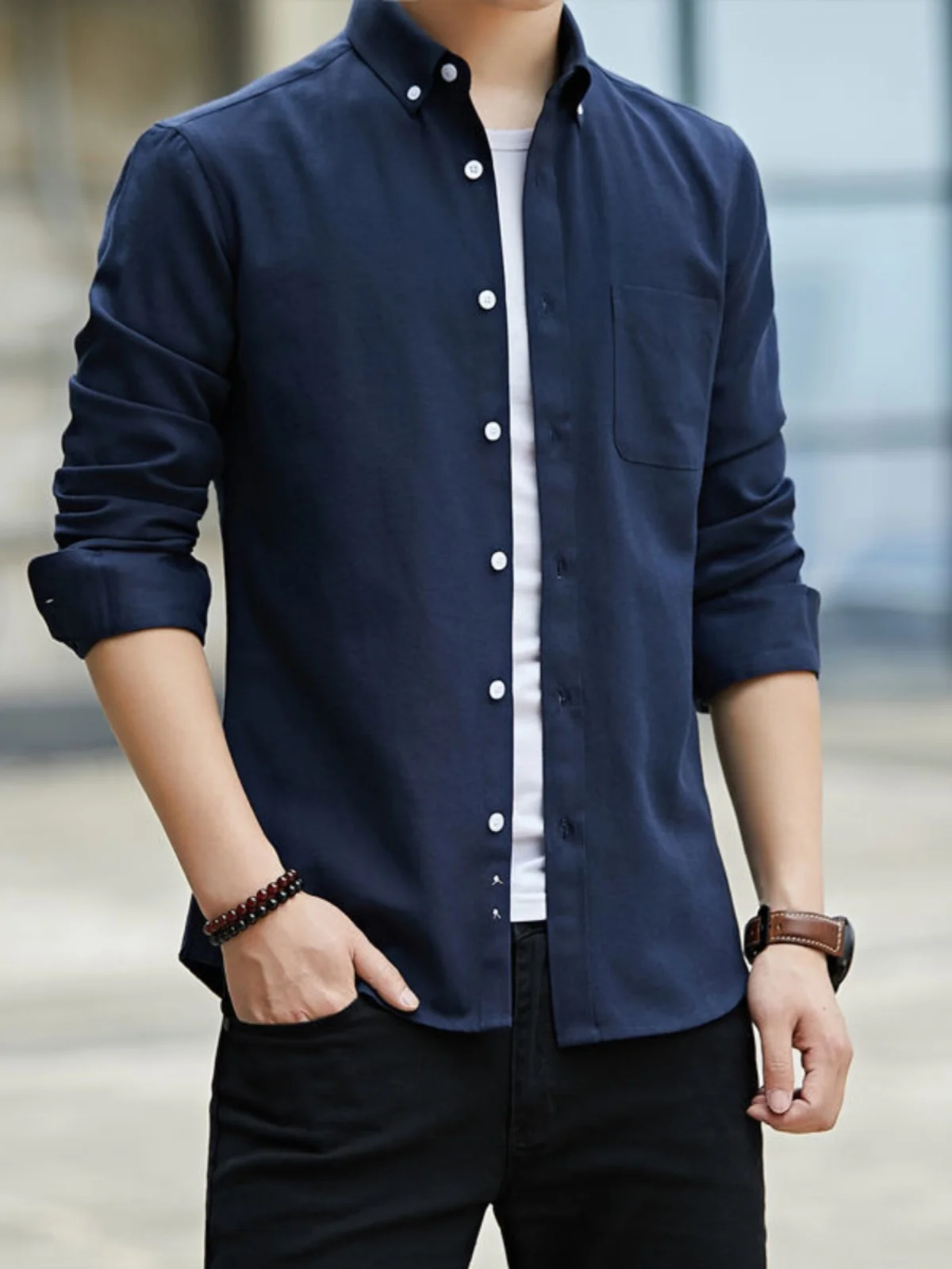 

Autumn Men's Slim Fit Casual Ox Cloth irt Long Sve Pure Color Korean Version mid Youth Men's Clothing irt M Gar...