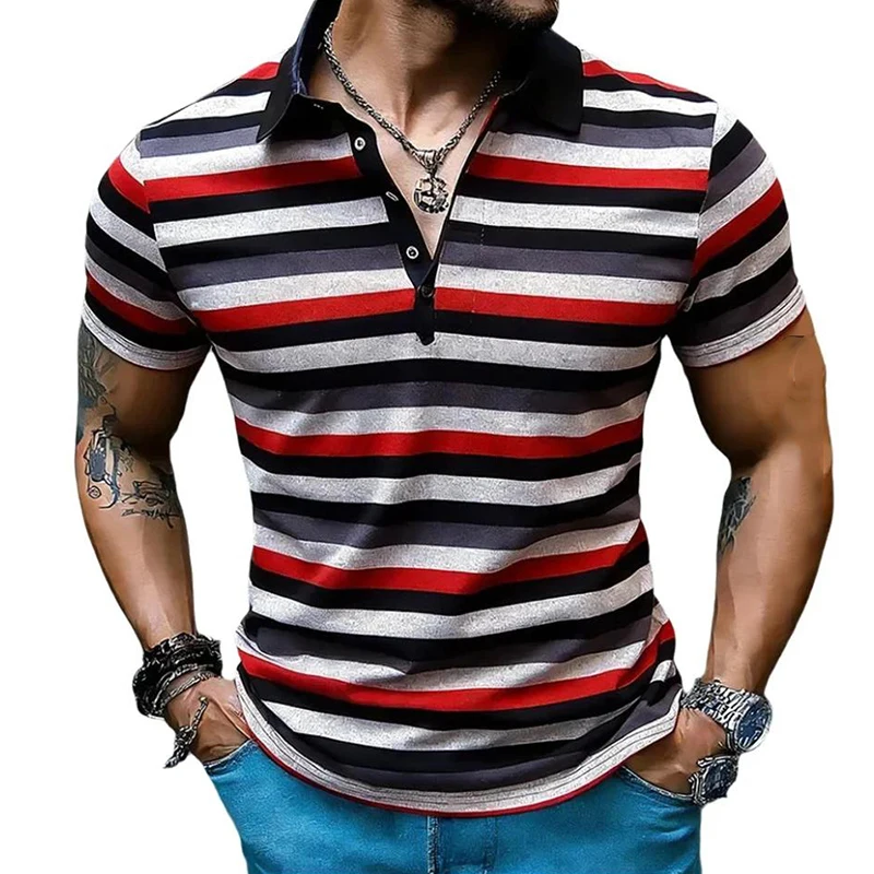 Summer Men's Colored Striped Polo Shirts Short Sleeve Breathable T-Shirt Contrast Color Casual Lapel Collar Streetwear Basic Top