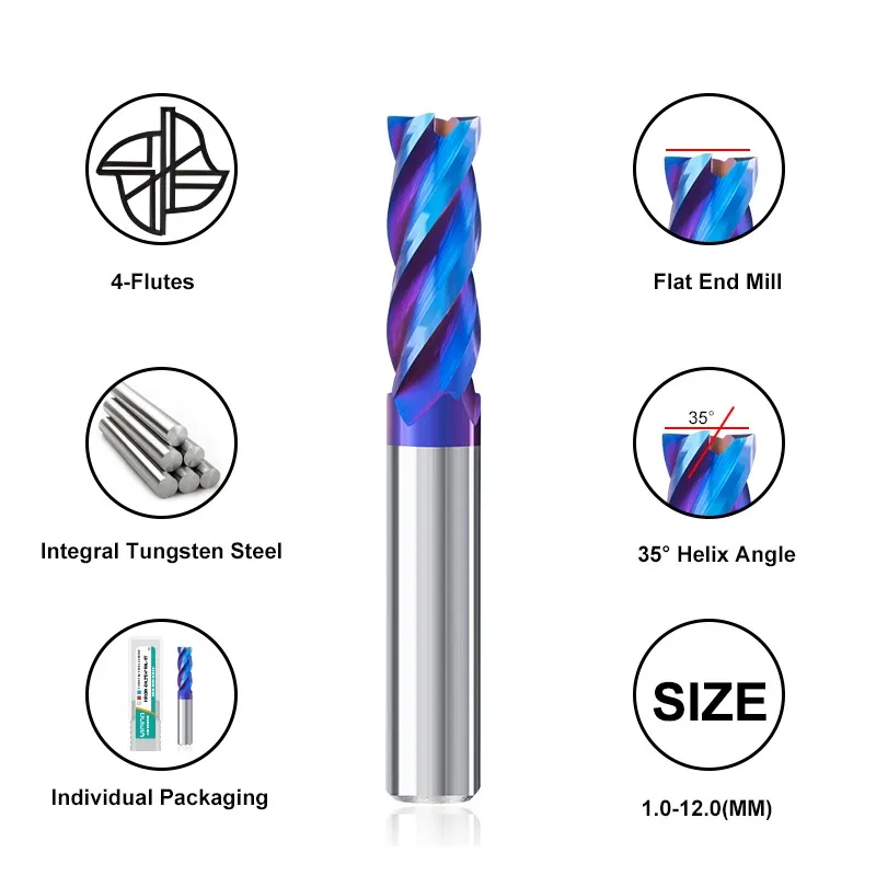 AZZKOR Endmill HRC70 1.0mm-12.0mm 4-Flute 11-Piece-Set Tungsten Steel Carbide Milling Cutter CNC Machining Center End Mill Tools