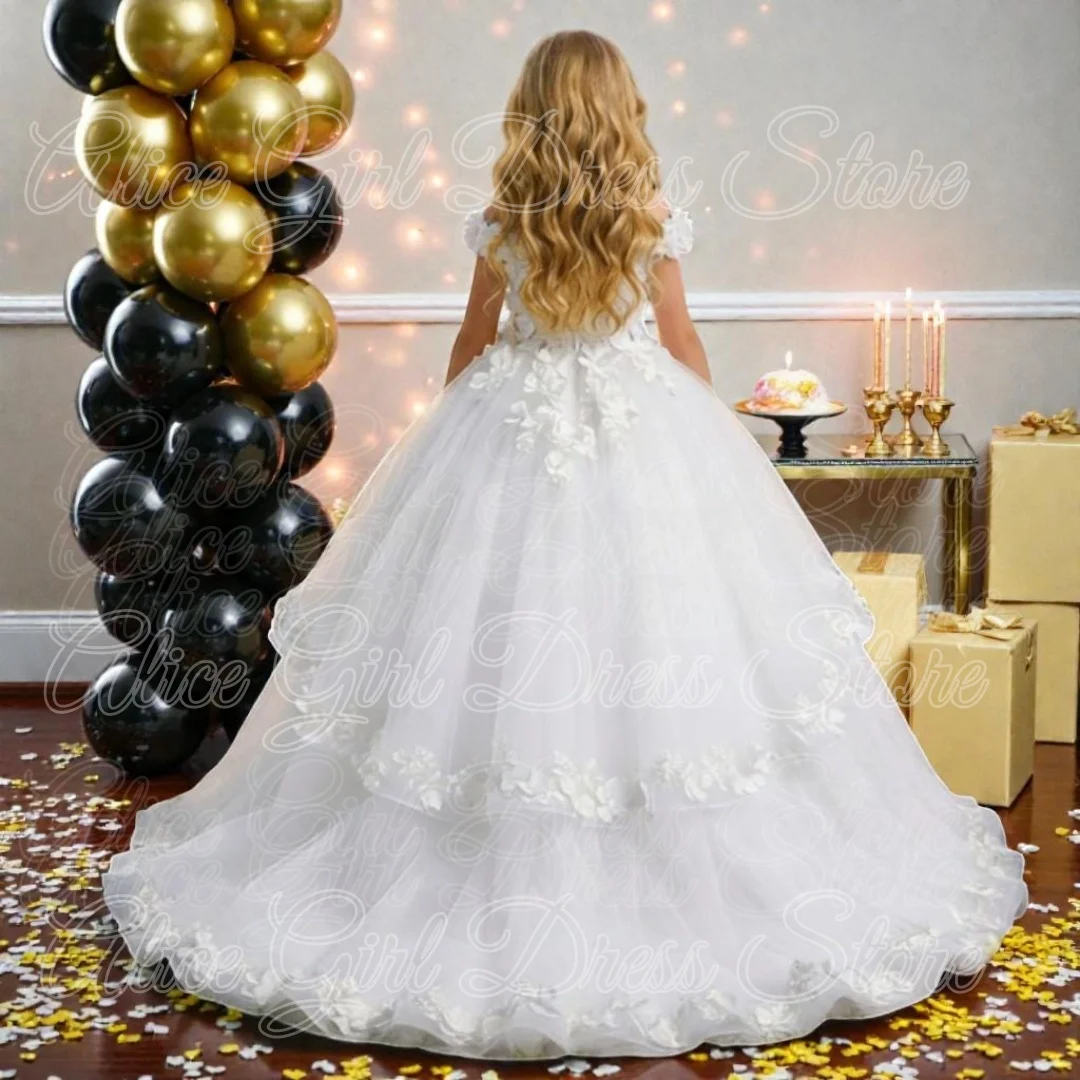 Customized White Flower Girl Dress Princess Gown for Wedding Trail Lace Appliques Birthday Party First Communion Kids Ball Gowns