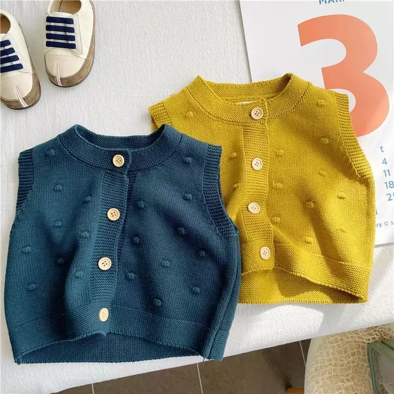 Kids Girls Knitted Cardigan Vest Children Spring Autumn Cotton Sweaters 2024 New Navy Yellow Winter Baby Girls Knitted Tops