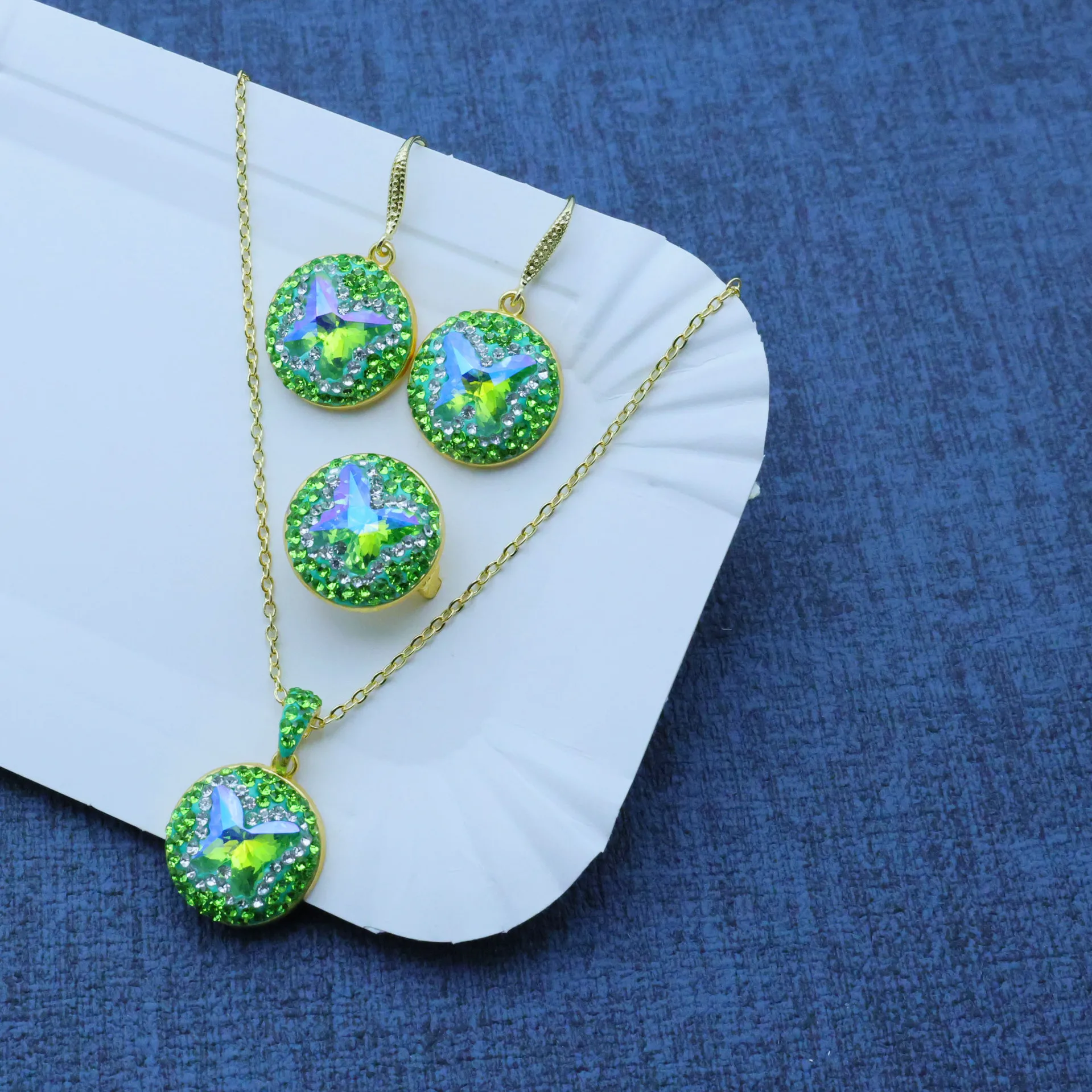 DIY accessories New style green crystal butterfly jewelry DIY three-piece earrings necklace ring handmade design