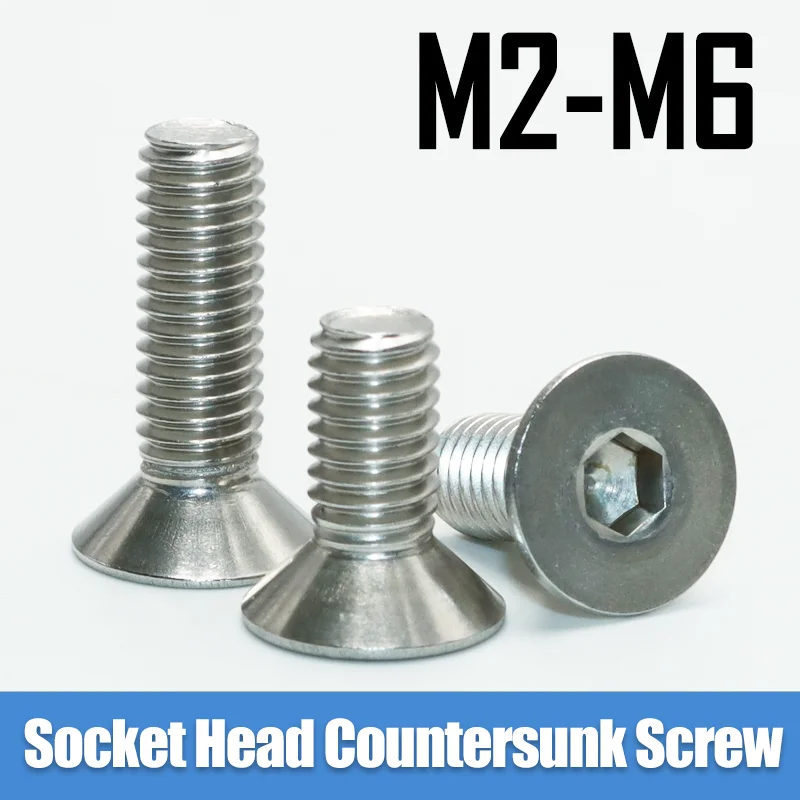 304 Stainless Steel Hexagon Socket Flat Countersunk Head Screw M2 M2.5 M3 M4 M5 M6 Hex Socket Bolt Machine Allen Furniture Screw