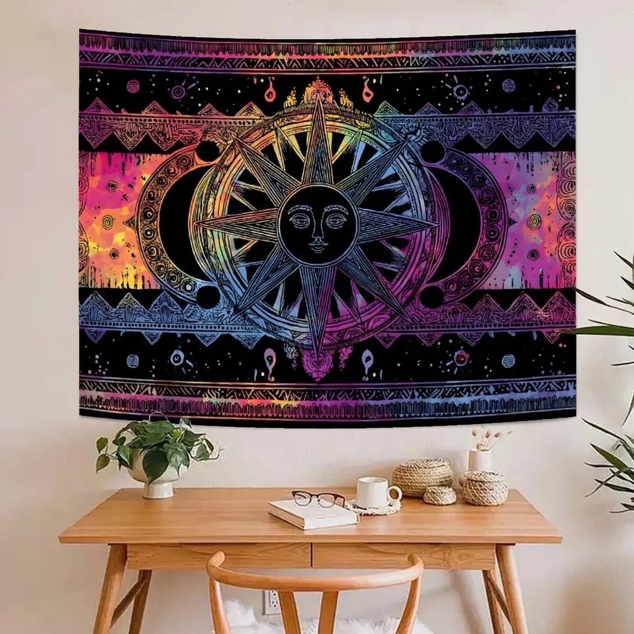 VIKAMA Sun Moon Tapestry Psychedelic Wall Hanging Astrological Art with Mandala Design for Bedroom Yoga Studio Meditation Decor