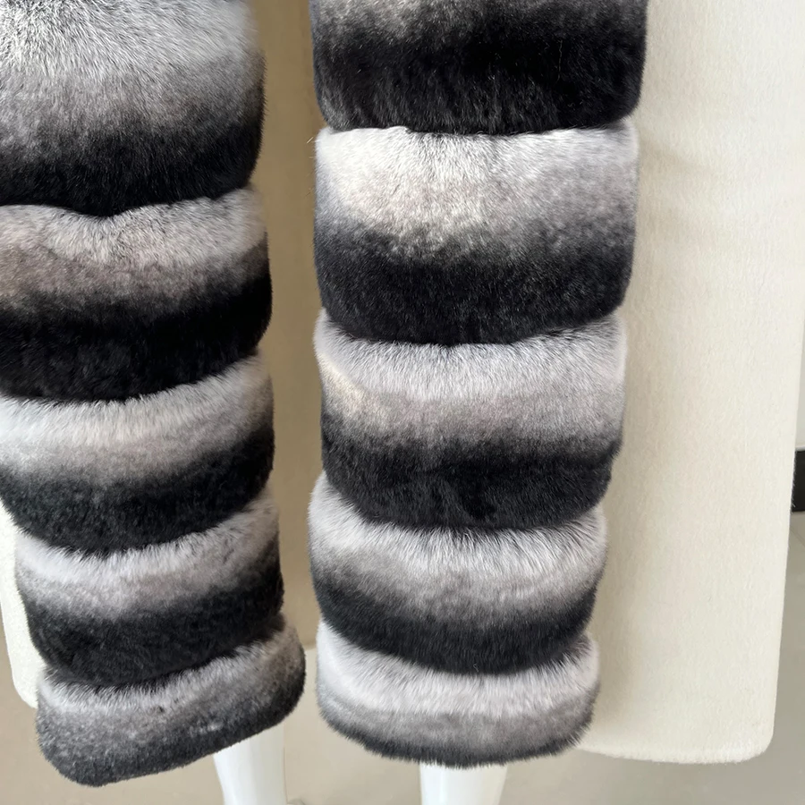 Nuovo cappotto in cashmere da donna misto lana cappotti bianchi lunghi con vera pelliccia collo in pelliccia di coniglio cincillà Rex di lusso