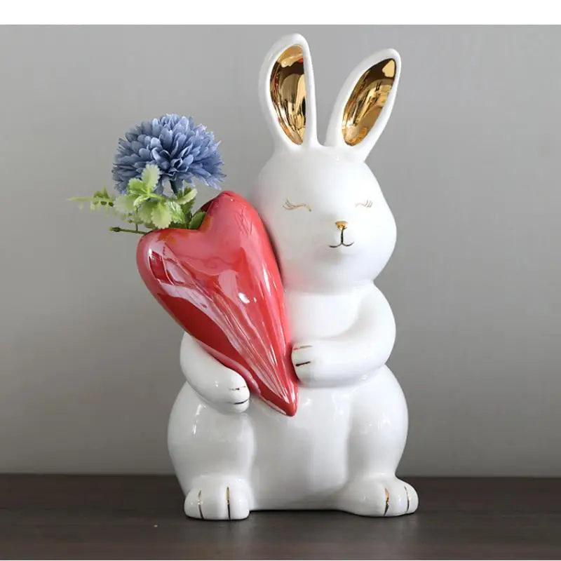 

Rabbit Ceramic Vase Ornaments Heart-shaped Flower Arrangement Wedding Gifts Home Decoration Dried Flowers Vases Statue