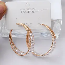 2025 New Trend Imitation Pearl Round Circle Hoop Earrings for Women Gold Color Big Earrings Korean Jewelry Statement Earrings