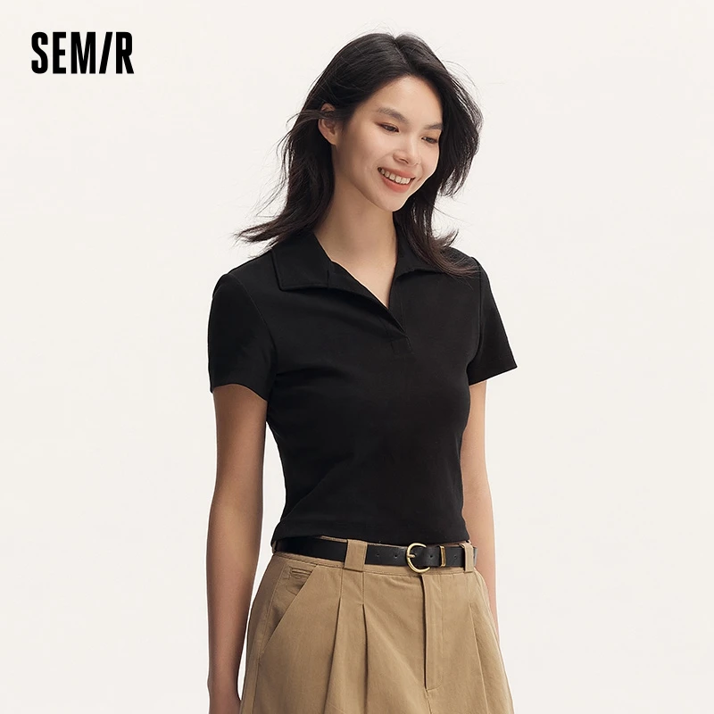 Senma POLO Shirt Women 2024 summer New Arrival short solid color versatile top Slim knitted polo shirt Female