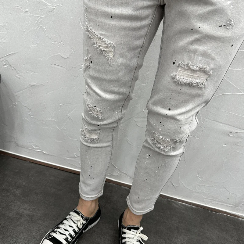 Fashion Jeans for Men Gray Skinny Patchwork Luxury Men's Streetwear Slim Ripped Jeans Autumn Casual Wear Hip Hop Men clothing