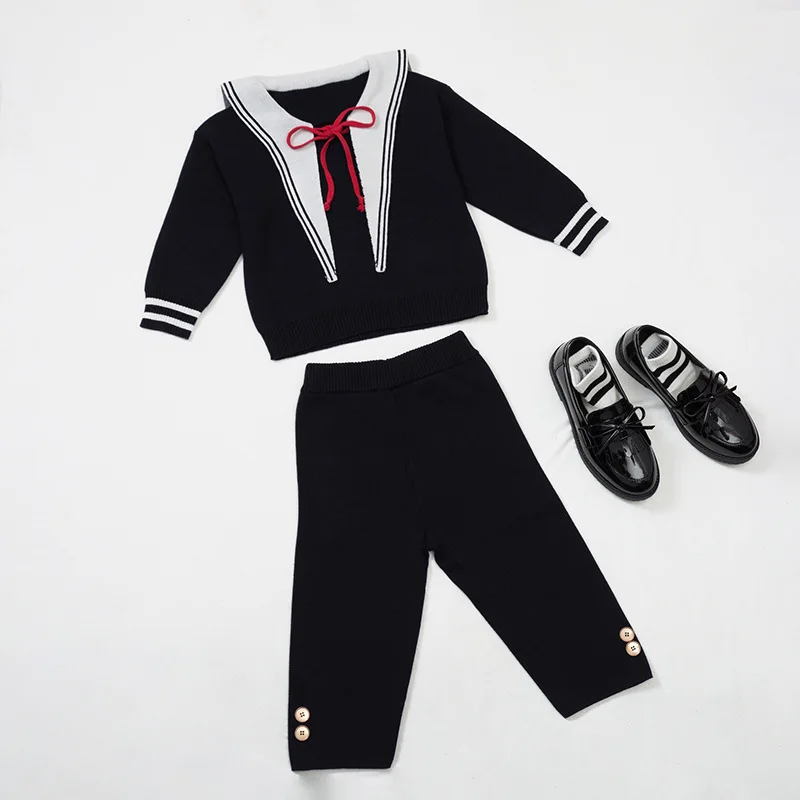 Girls Knitted Set Autumn Winter New Naval Academy Style Knitted Set Top Skirt Nine Leg Pants Two Piece Set