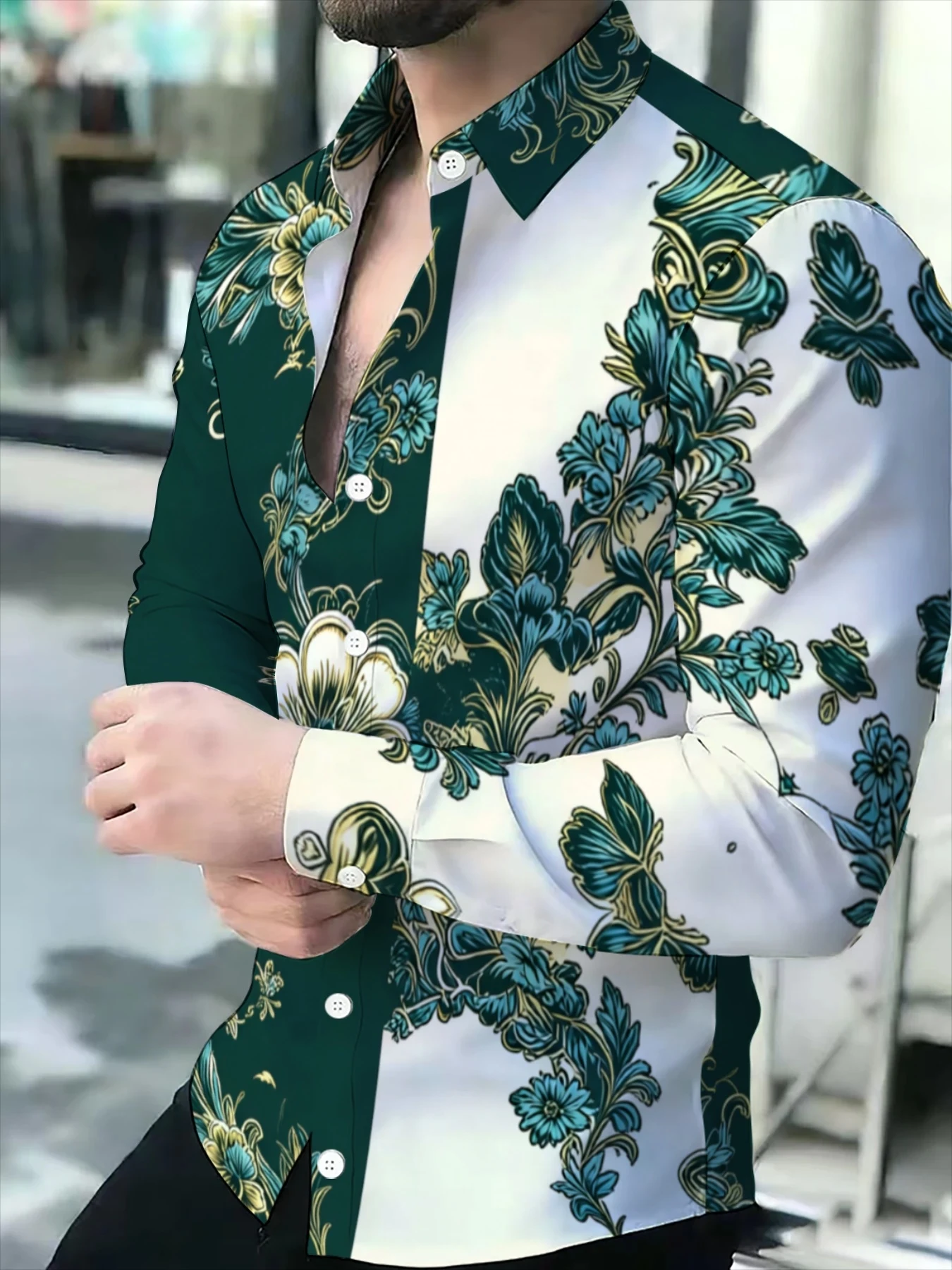 Men Long Sleeve Button Down Shirt Green White Split Gold Baroque Floral Print Polyester Lapel Collar Party