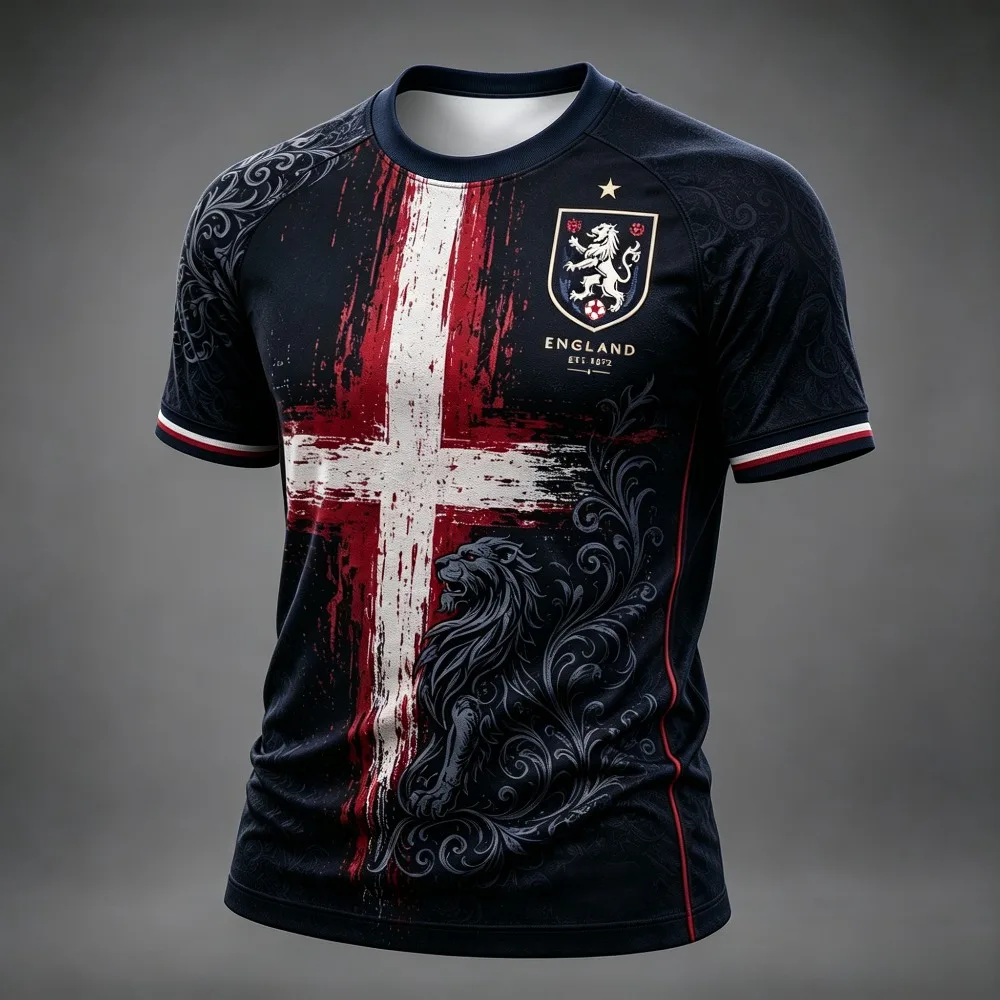 England Summer Men's Football Jersey Vintage Lion Cross 3D Print Breathable T-shirt Casual Fashion Sports T-Shirt Fan Gift