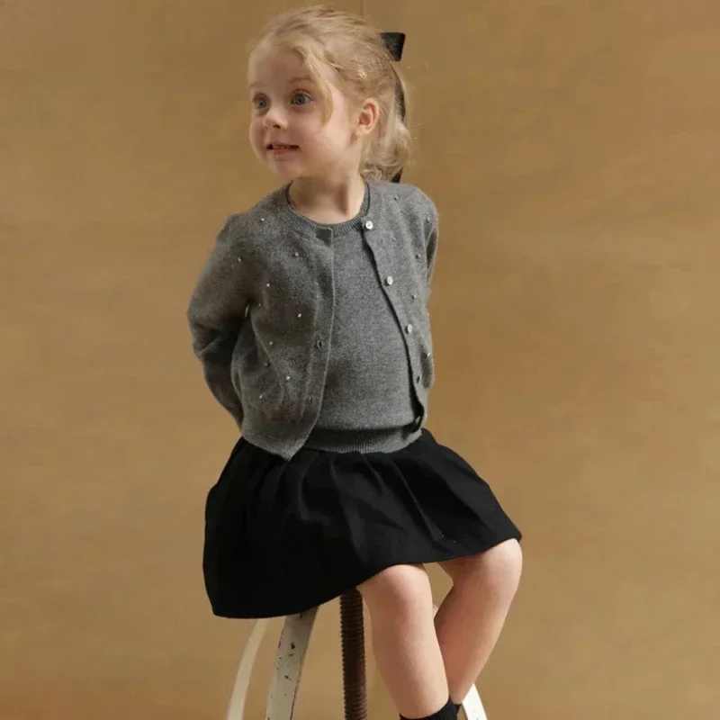 2024 Kids Girls Clothes Wool Cardigan Round Neck Vest for Children French Vintage Fashionable Knitwear Sweater Autumn Clothing