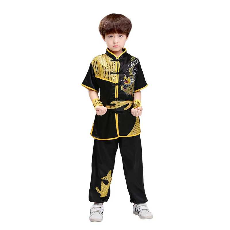 Set di abbigliamento in stile tradizionale cinese per bambini ricamo drago con paillettes uniformi Tai Chi Kung Fu a prestazioni lunghe e corte