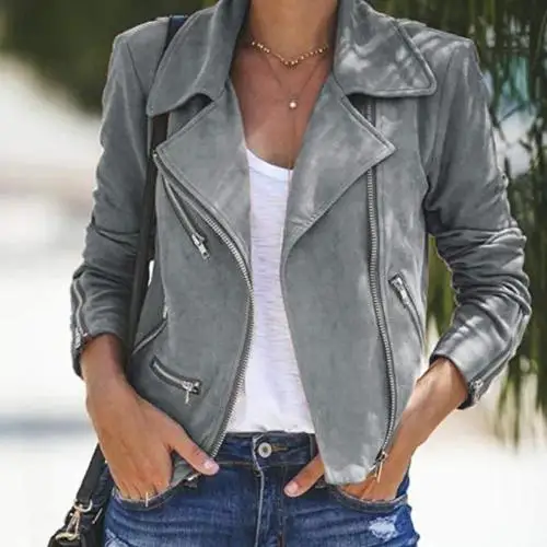 Brown Faux Suede Moto Biker Jacket Women Lapel Diagonal Zip Pocket Decor Slim Short Outerwear Coat