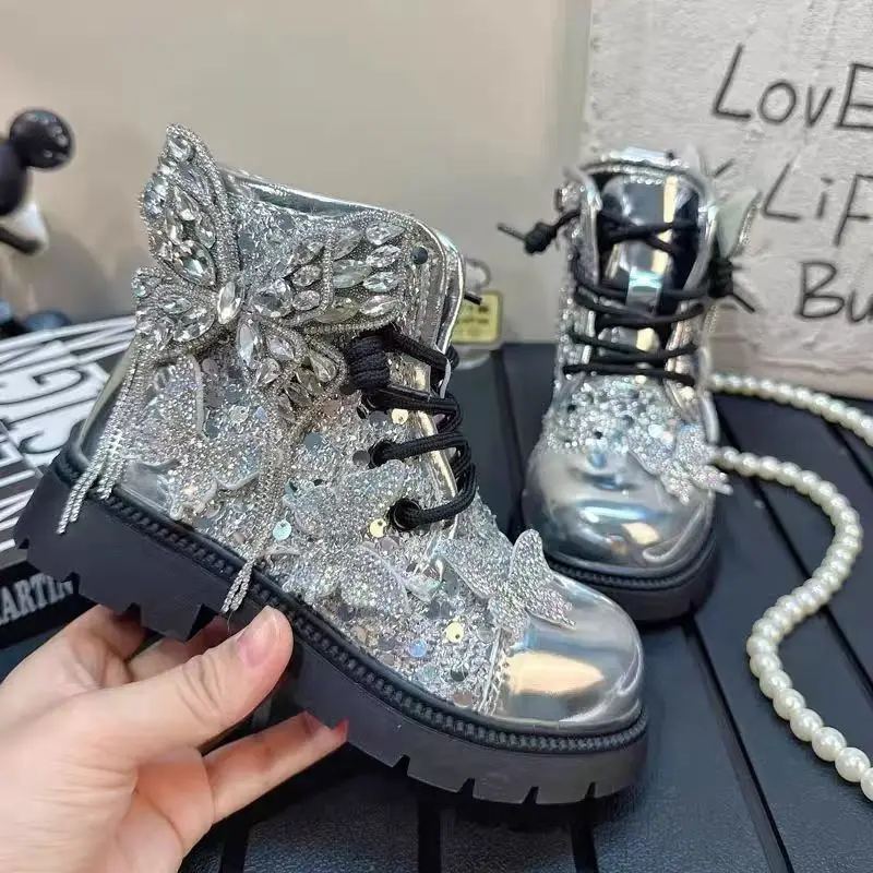 

Girls' Short Boots Spring and Autumn Silver Fashion Single Boots 2024 Children's Winter Sparkling Princess Plush Cotton Boots