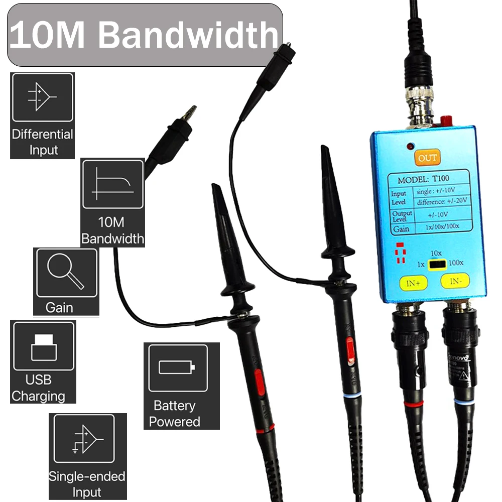 10M Bandwidth Oscilloscope 1x/10x/100x Differential Probe Gain Split Probe Signal Amplifier For Weak Electrical Signal Measureme