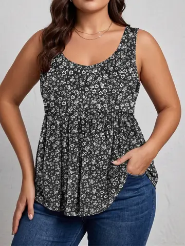 Plus Size Women's Sleeveless Floral Print Top with Flared Hem Ideal for Summer Style