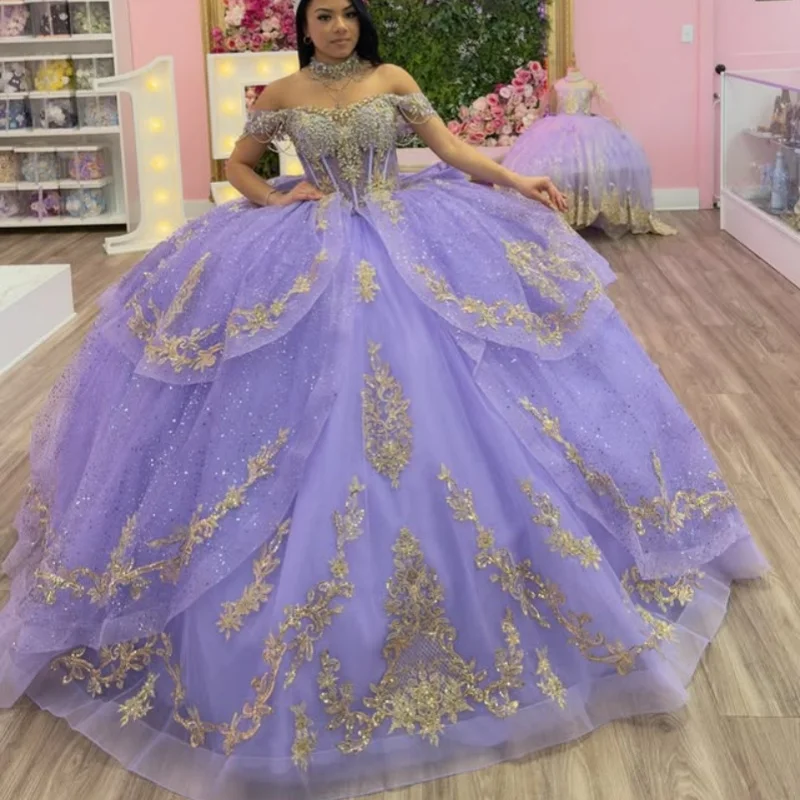 

Shiny Lavender Quinceanera Dress off-shoulder Sequins Crystal Decal Lace Layering Bow vestidos de 15 Quinceanera ﻿Customized