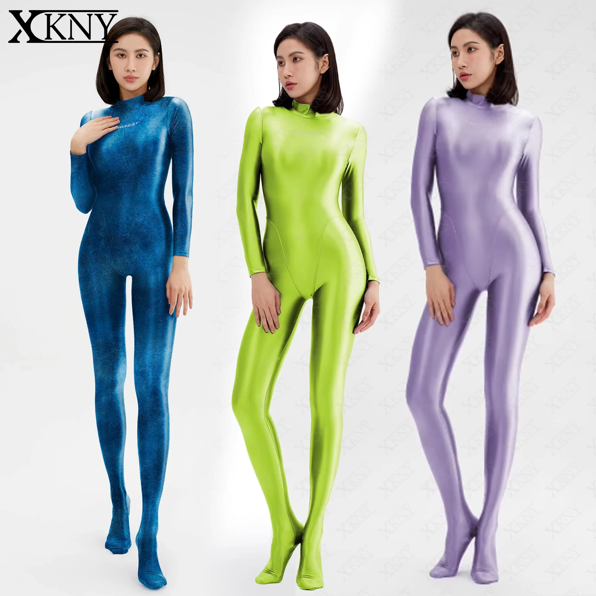 AMORESY satin glossy tights Long Sleeve Full Length Oil Tights Smooth Jumpsuits Catsuits XClocKNYoung satin glossy bodysuit