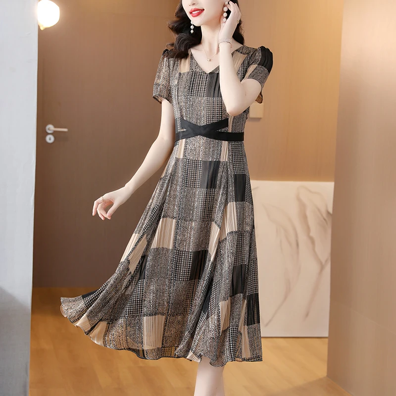 2023 New Fashion Plaid V-Neck Dress Women's Summer Korean Retro Short Sleeve Waist Shrinking Casual Dress Vestidos