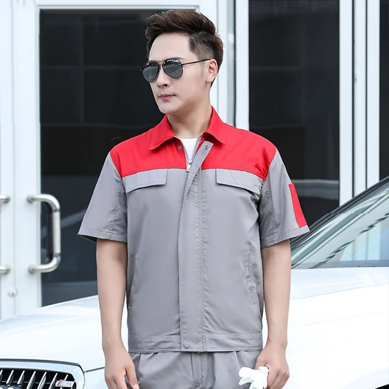 Men Women Short Sleeve Back Reflective Strip Work clothing Factory Motor Mechanic Uniform Workshop Overalls Tops Trousers Suit