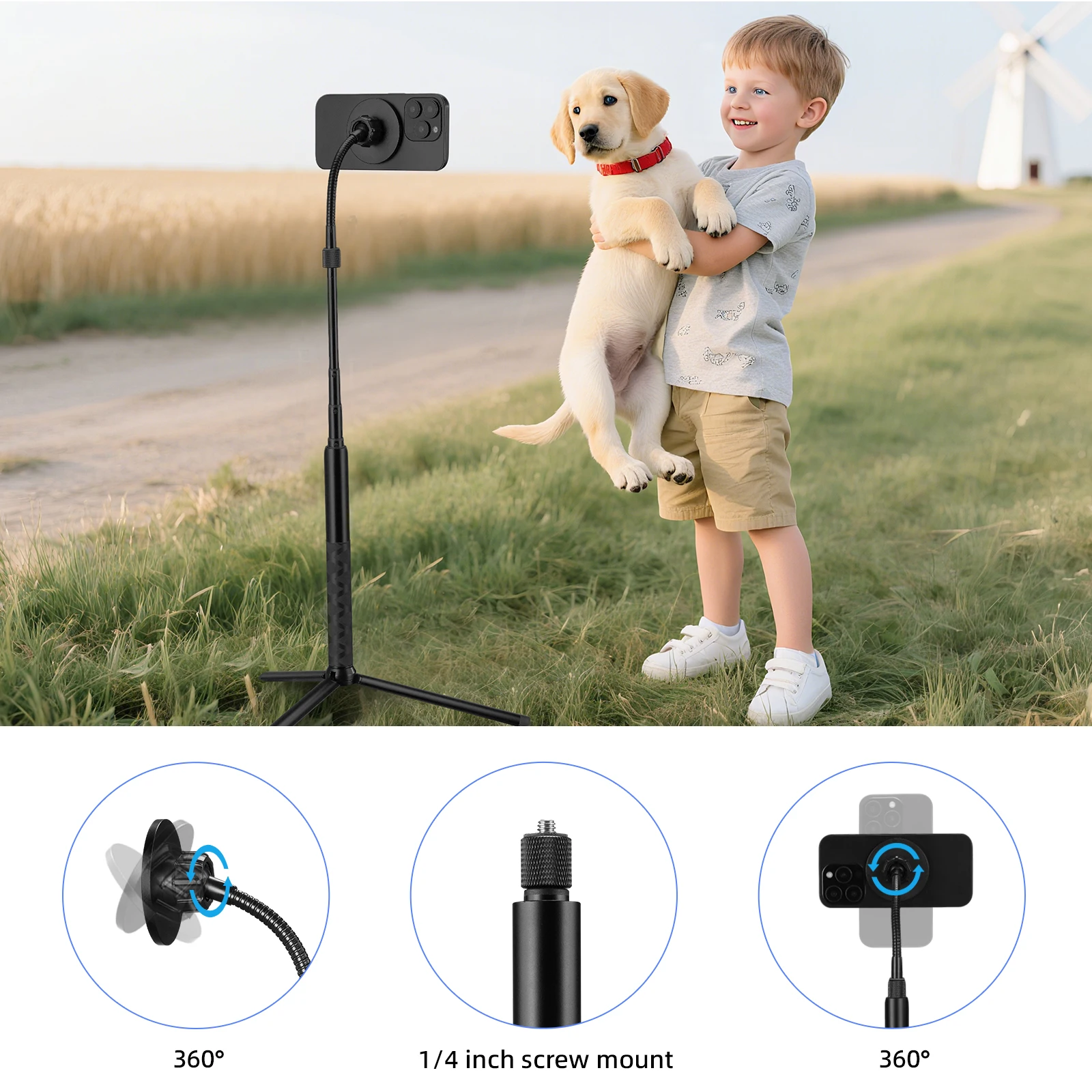 Tripé de telefone magnético com pescoço de ganso flexível de 60 polegadas para iPhone e Android Suporte portátil de alumínio para celular para selfies
