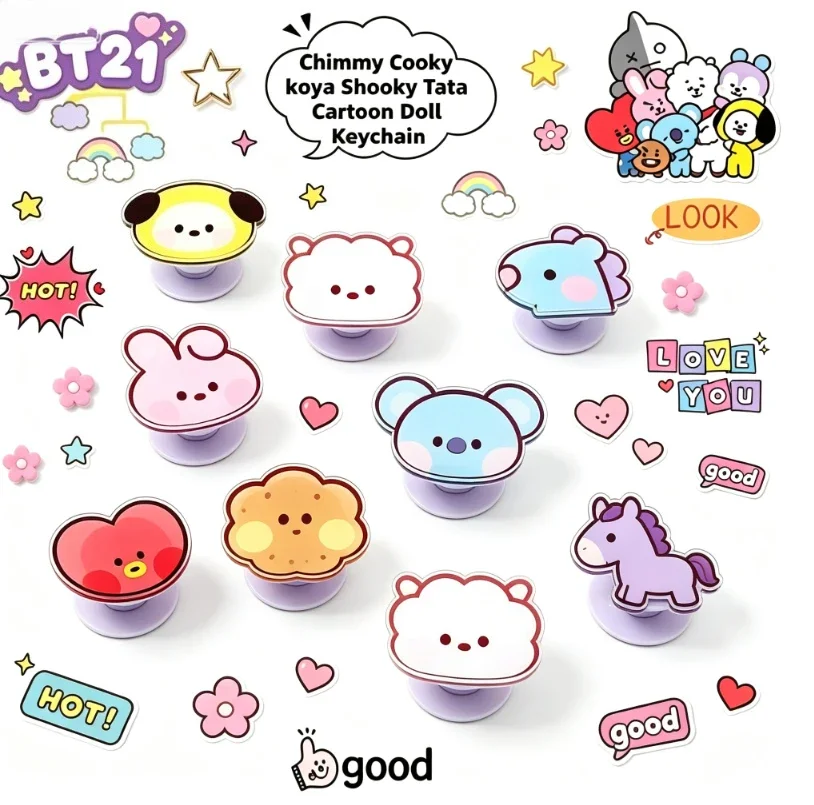 LINE FRIENDS BT21 Acryl-Handyhalter mit allen Charakteren, ausziehbarer Dekompressionsgriff, niedlicher Cartoon-Tischständer, Geschenk für K-Pop-Fans