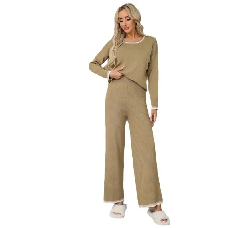 Women Two Piece Pant Sets Wide Leg Pants Knit Full Sleeve Sweaters Round Neck Spliced Solid Casual Long Trousers Autumn