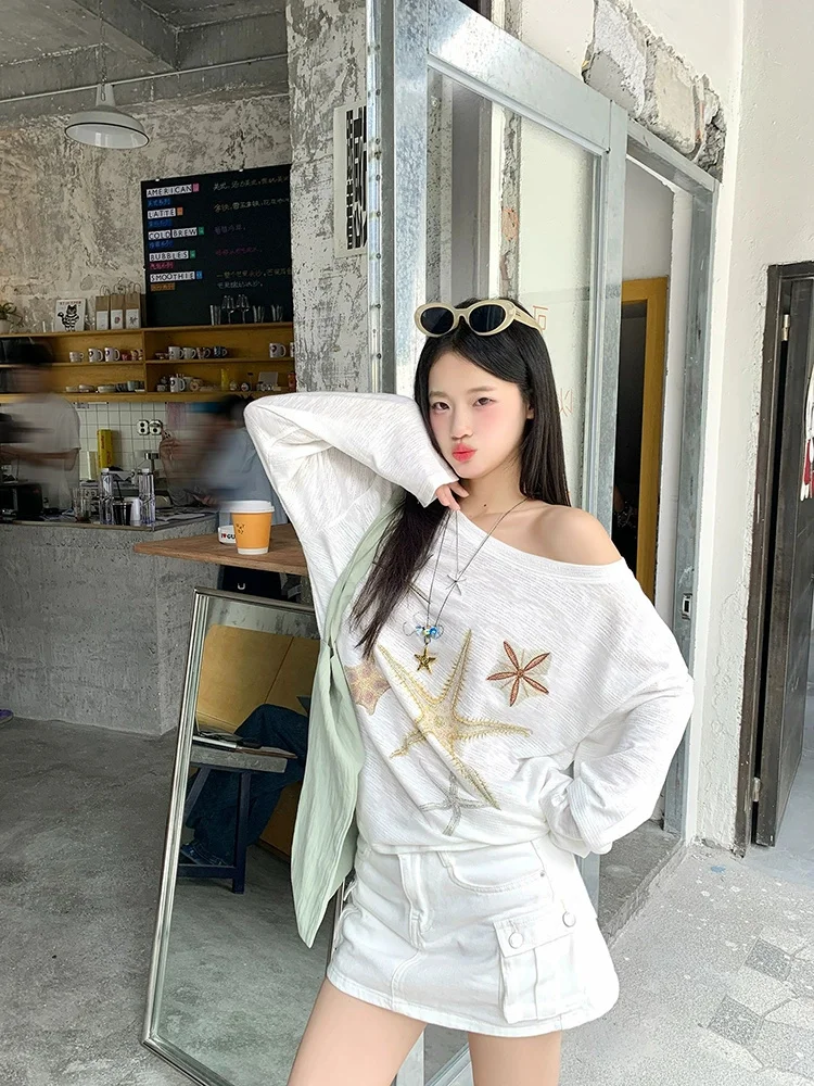 

Американская крутая футболка с принтом «Морская звезда», легкая прозрачная рубашка с солнцезащитным кремом, свободные топы с длинными рукавами для ленивых