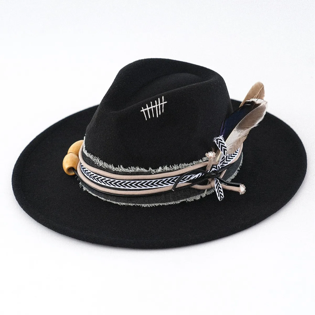 Vintage Black Felt Fedora Hat Women Men Feather Wooden Beads Distressed Band Cross Stitch Embroidery Boho Western Cowboy Caps