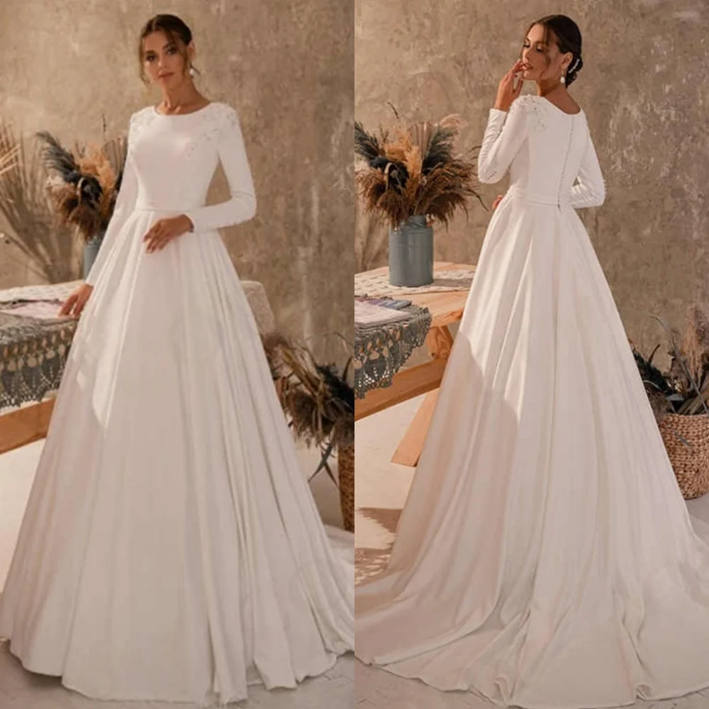 

Customized White Satin Applique Pleat Wedding Party A-line Long Dresses Elegant Exquisite Luxury TemperamentDreamyDresses