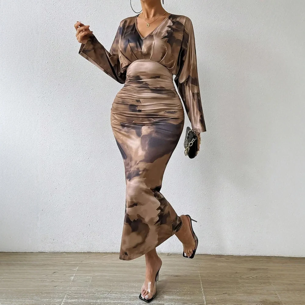 فساتين حريمي خريف 2025 أنيقة متدرجة اللون كتلة كم طويل عميق الخامس الرقبة الخصر طيات ميدي التحول سليم صالح فستان #4