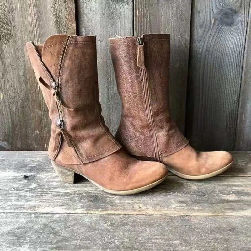 Autumn Winter 2025 Pleated Buckle Knight Boots for Women Mid Calf Boots Side Zipper Thick Heel Riding Women Boots Botas Mujer