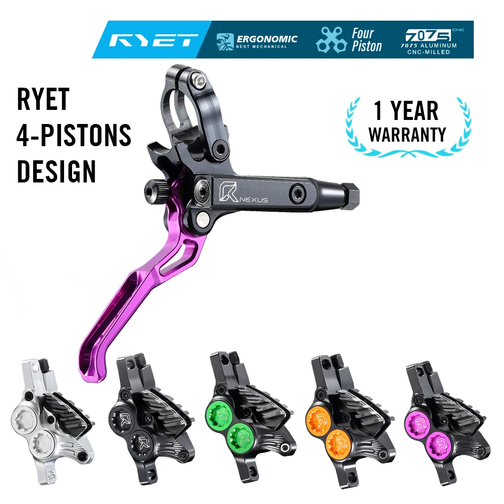 Комплект гидравлических дисковых тормозов RYET с 4 поршнями MTB для MTB/AM/DH/E-MTB с ЧПУ 7075-T6, термостойкий суппорт, 840/1550 мм, кабель минерального масла
