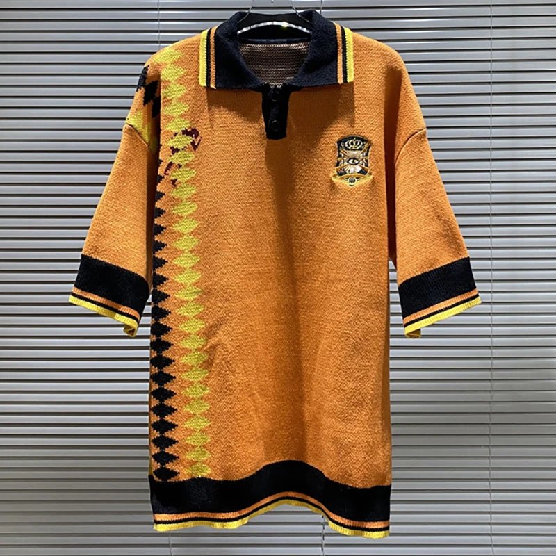 Autumn Street House of Errors Short Sleeve Sweater Knitted Lapel T-shirt Men Women Big Eyes Jacquard Logo Orange Real Photos Tee