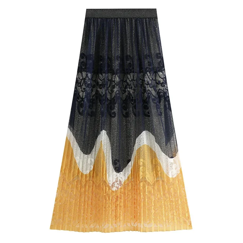 2024 Women Lace Crochet Hollow Out Skirts Contrast Pleated Female Elegant Long Pleated Skirt