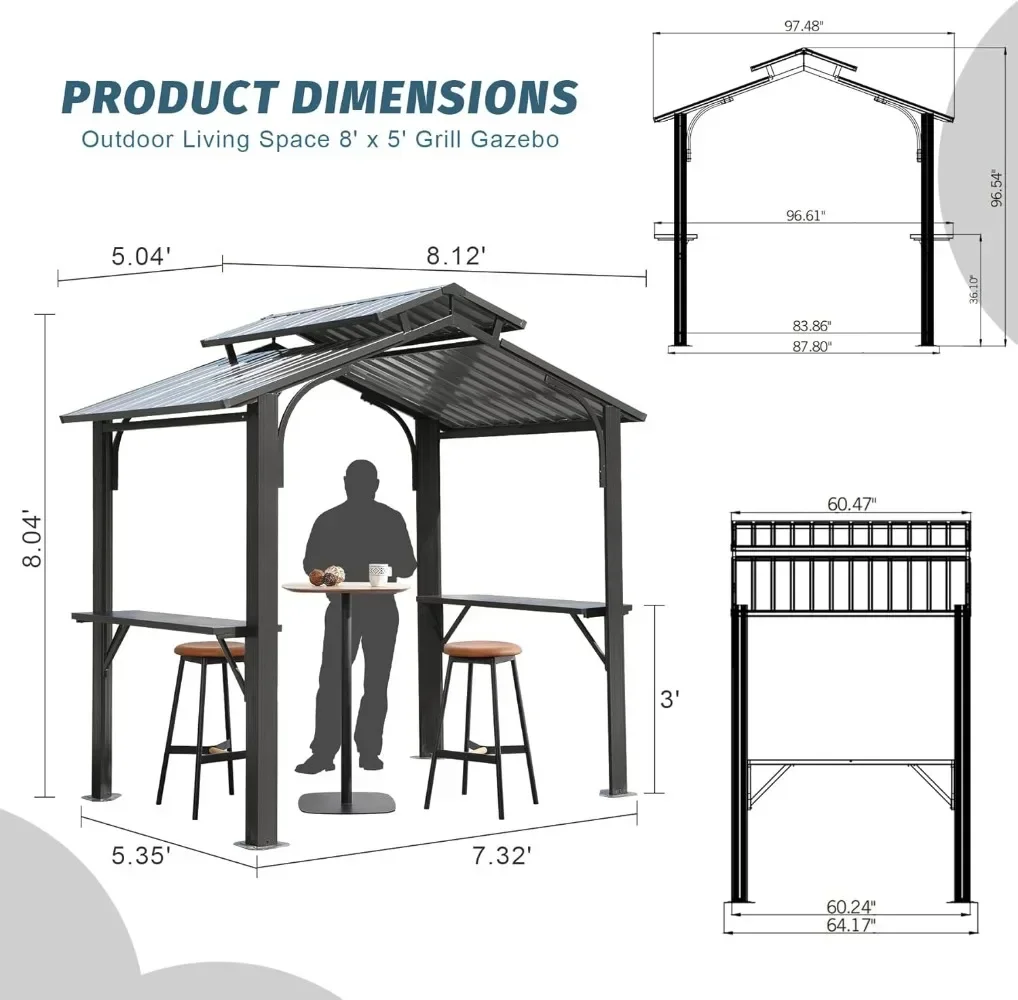 8x5FT Hardtop Grill Gazebo, Grill Canopy for Outdoor Grill w/Double Galvanized Steel Roof, 2 Side Shelves and Ceiling Hooks