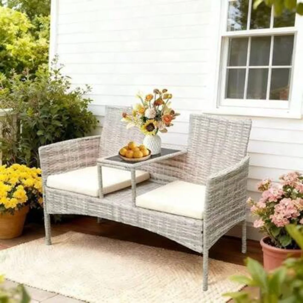 2 Seat Outdoor Loveseat with Tempered Glass Coffee Table, Weather-Resistant Rattan Frame, Cushions Included, Built-In Storage Shelf, Dust Cover, Ideal for Patio Porch Balcony Garden Deck Backyard